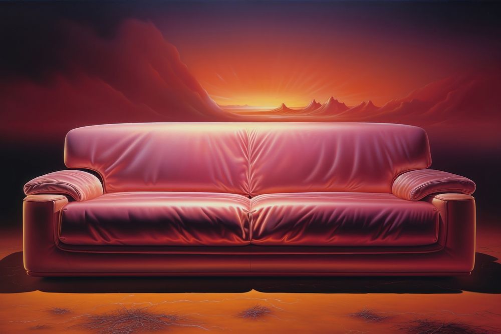 1970s Airbrush Art of a sofa furniture illuminated comfortable.