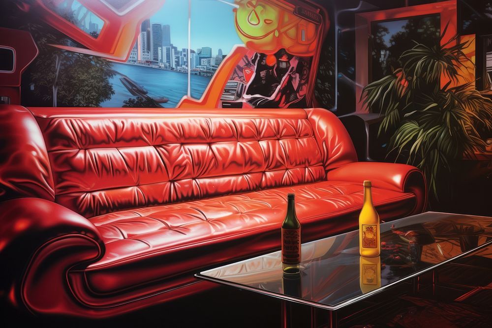 1970s Airbrush Art of a sofa scene in bar architecture furniture painting.