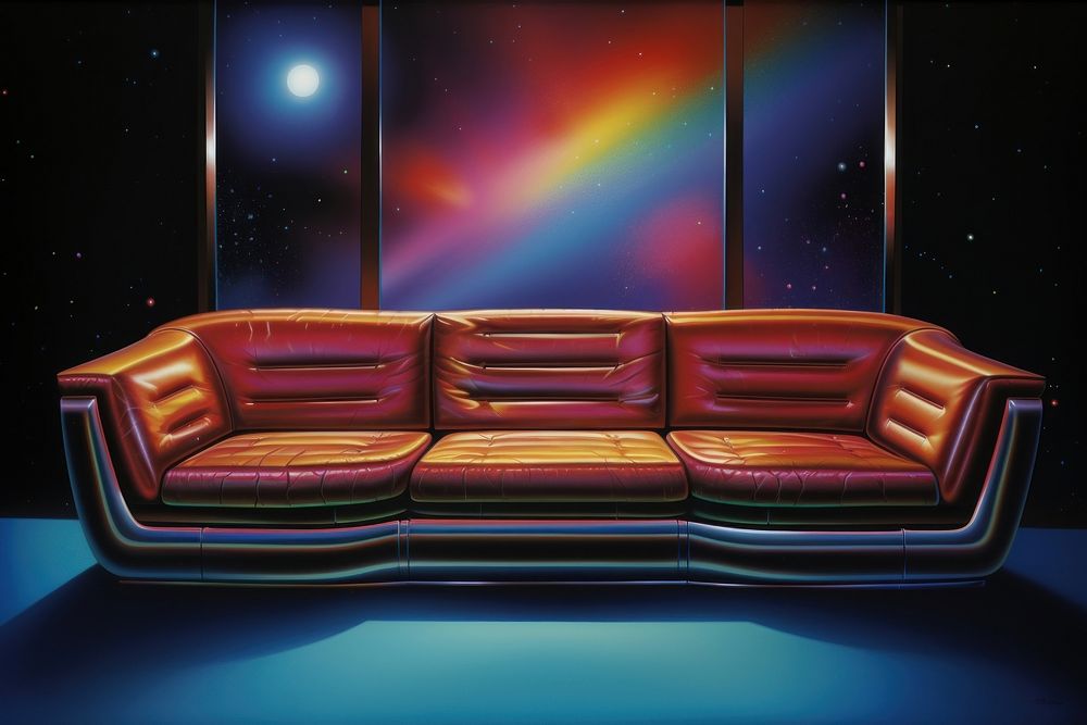 1970s Airbrush Art of a sofa scene in bar furniture architecture illuminated.