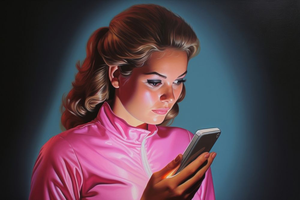 1970s Airbrush Art of a Smartphone portrait adult portability.