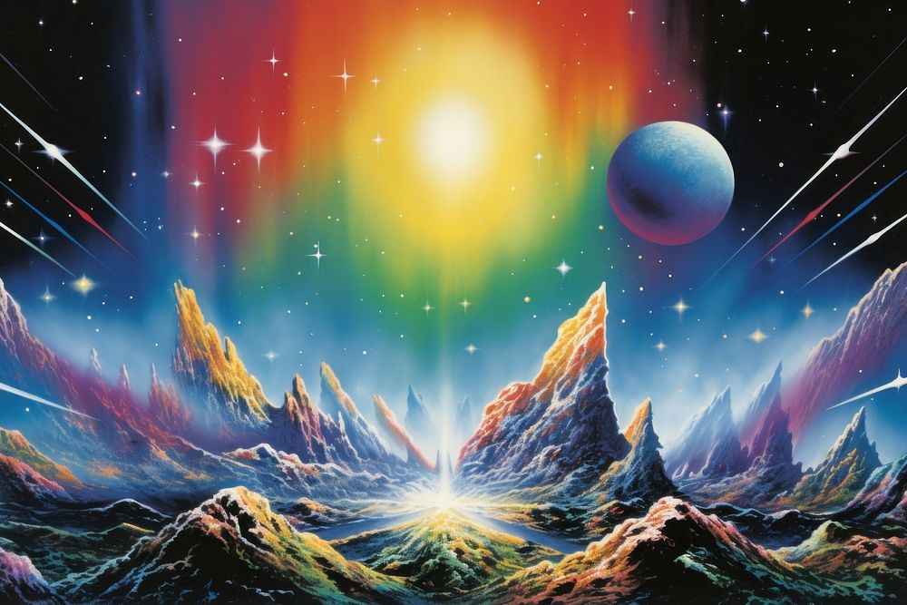 1970s Airbrush Art of a space background landscape astronomy outdoors.