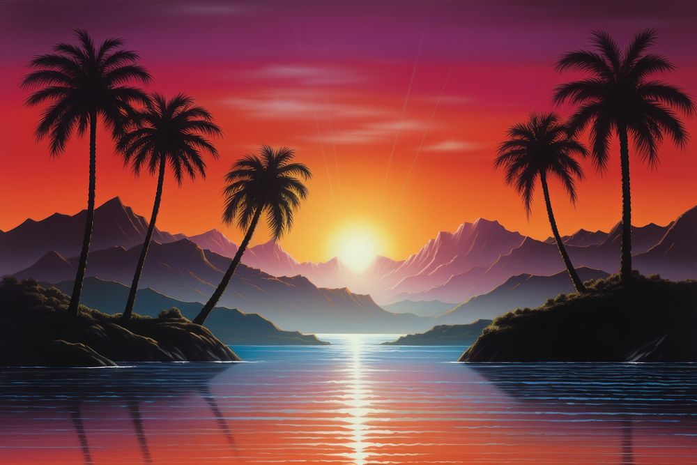 1970s Airbrush Art of a sunset landscape outdoors nature.