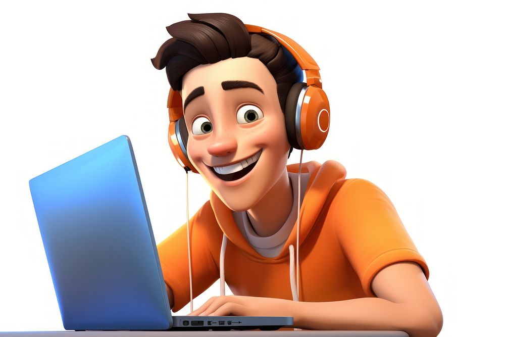 Man playing game computer headphones smiling. AI generated Image by rawpixel.