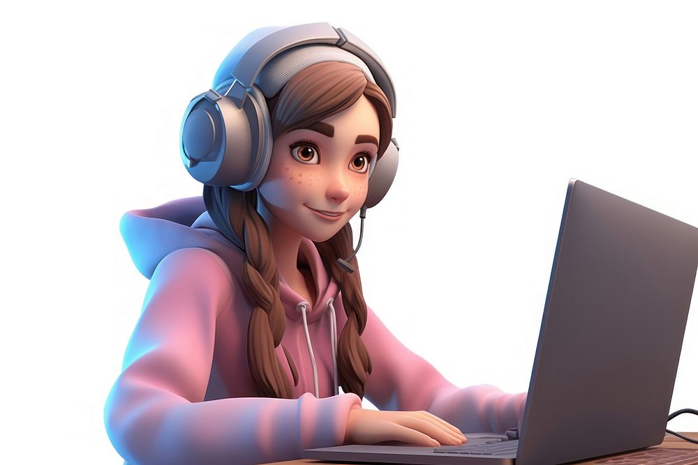 Girl playing game headphones computer cartoon. AI generated Image by rawpixel.
