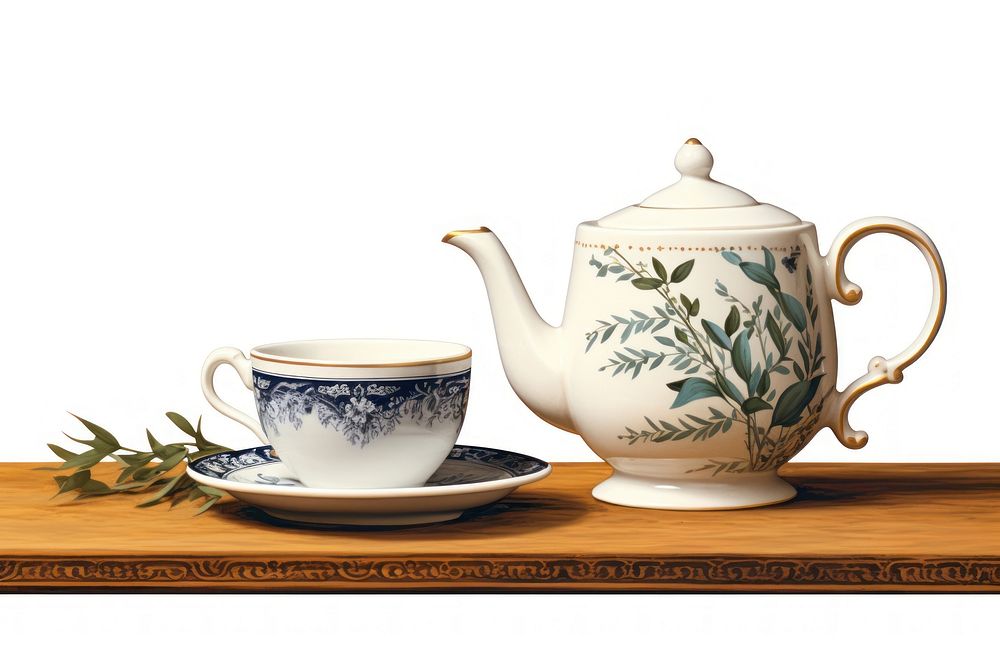 A pitcher of tea and a white mug on a wooden table art porcelain teapot. AI generated Image by rawpixel.