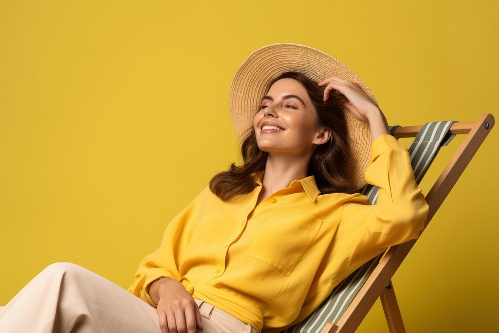 Young calm woman sitting yellow summer.