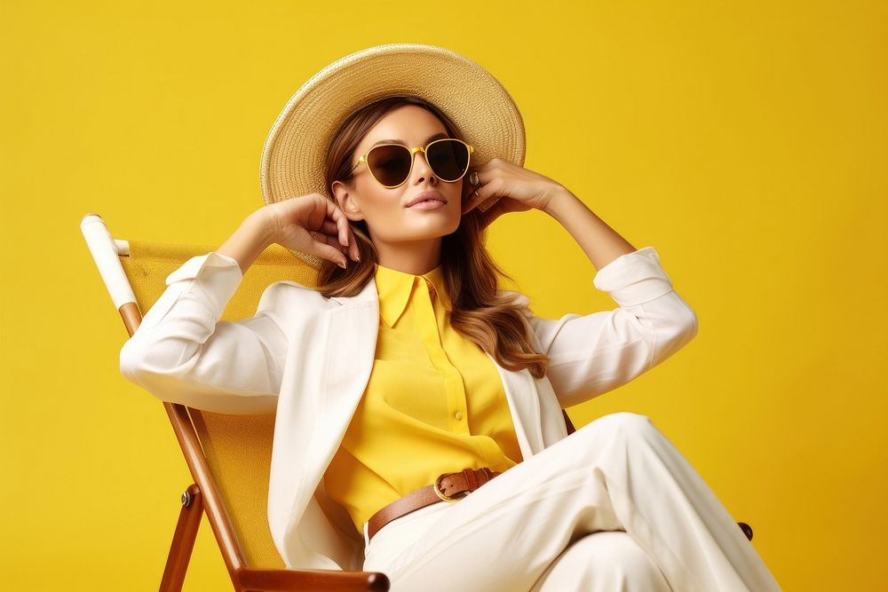 Young calm woman sunglasses sitting yellow.