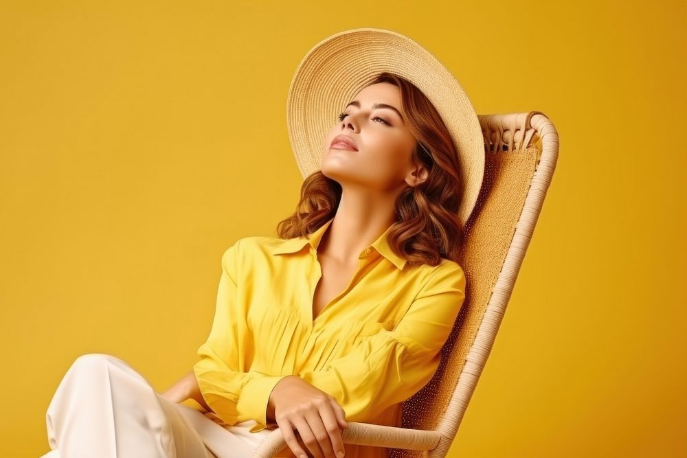 Young calm woman chair sitting yellow.