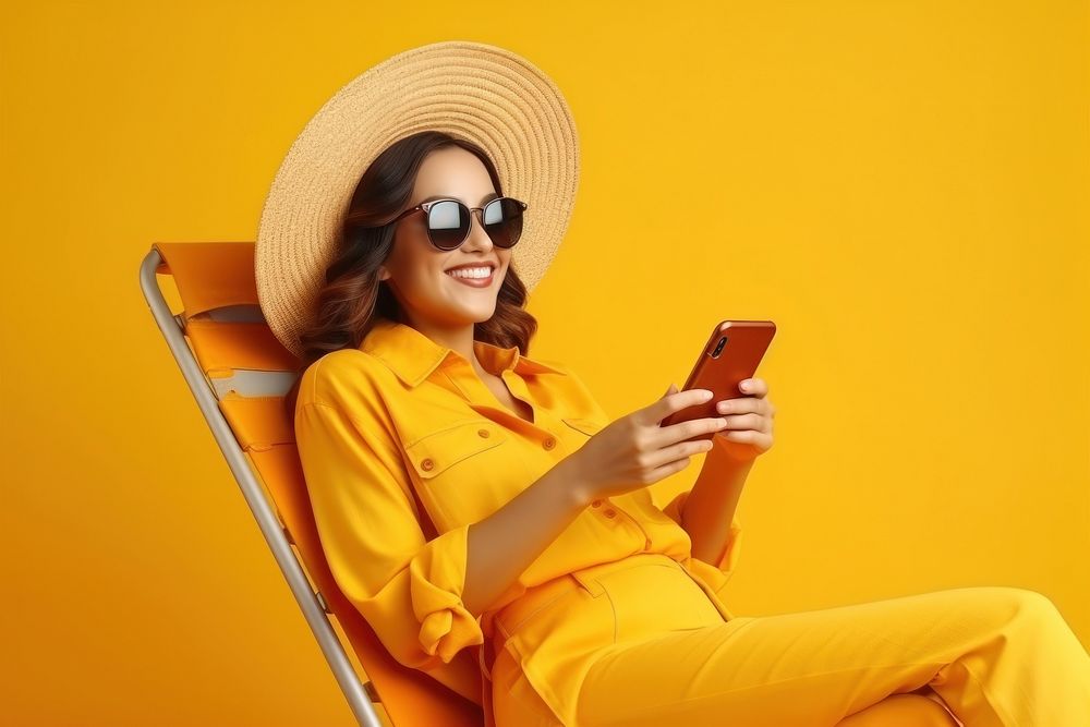 Woman wear summer clothes sitting yellow chair.