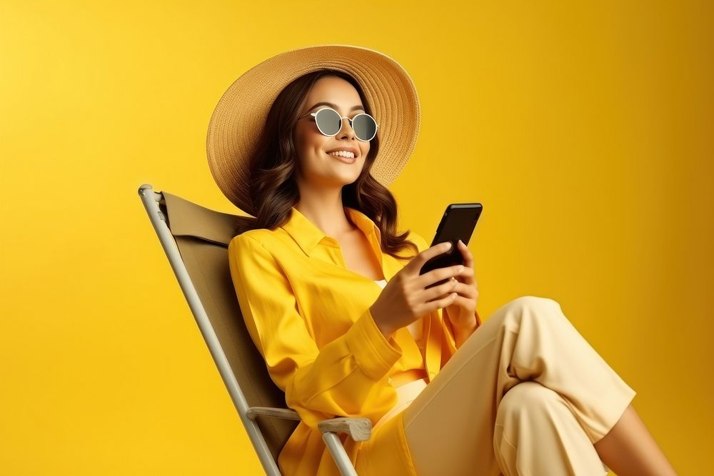 Woman wear summer clothes sitting travel yellow.