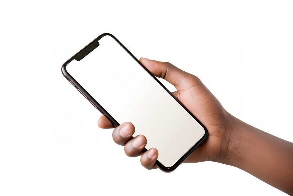 A hand holding a phone with a blank screen ready white background photographing portability. AI generated Image by rawpixel.