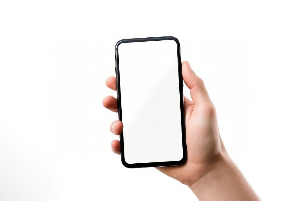 A hand holding a phone with a blank screen ready finger white background photographing. AI generated Image by rawpixel.