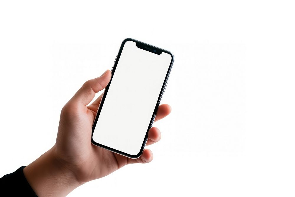 A hand holding a phone with a blank screen ready white background photographing portability. AI generated Image by rawpixel.