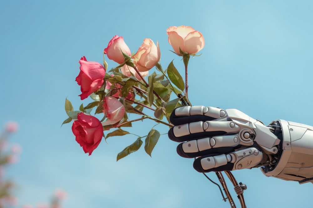 3d robot hand holding a flower outdoors nature plant. AI generated Image by rawpixel.