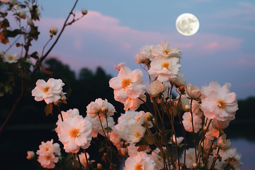 Full moon with flowers astronomy outdoors blossom. AI generated Image by rawpixel.