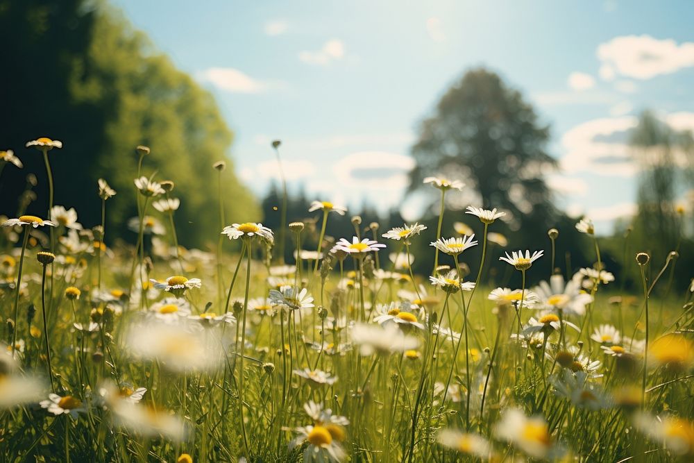 Wild herb meadow with flowering chamomile summer landscape grassland. AI generated Image by rawpixel.