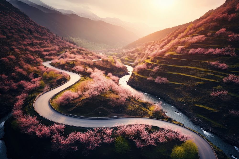 Winding road in spring outdoors nature forest. AI generated Image by rawpixel.
