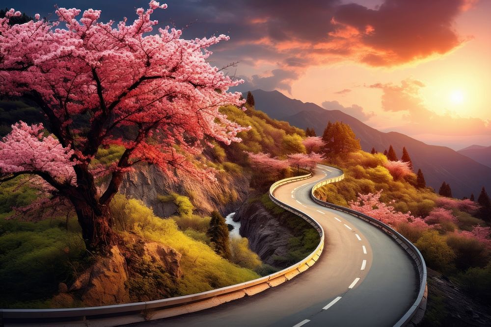 Winding road in spring landscape outdoors blossom. AI generated Image by rawpixel.