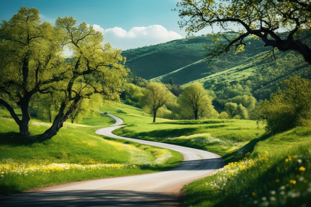 Winding road in spring landscape outdoors nature. AI generated Image by rawpixel.
