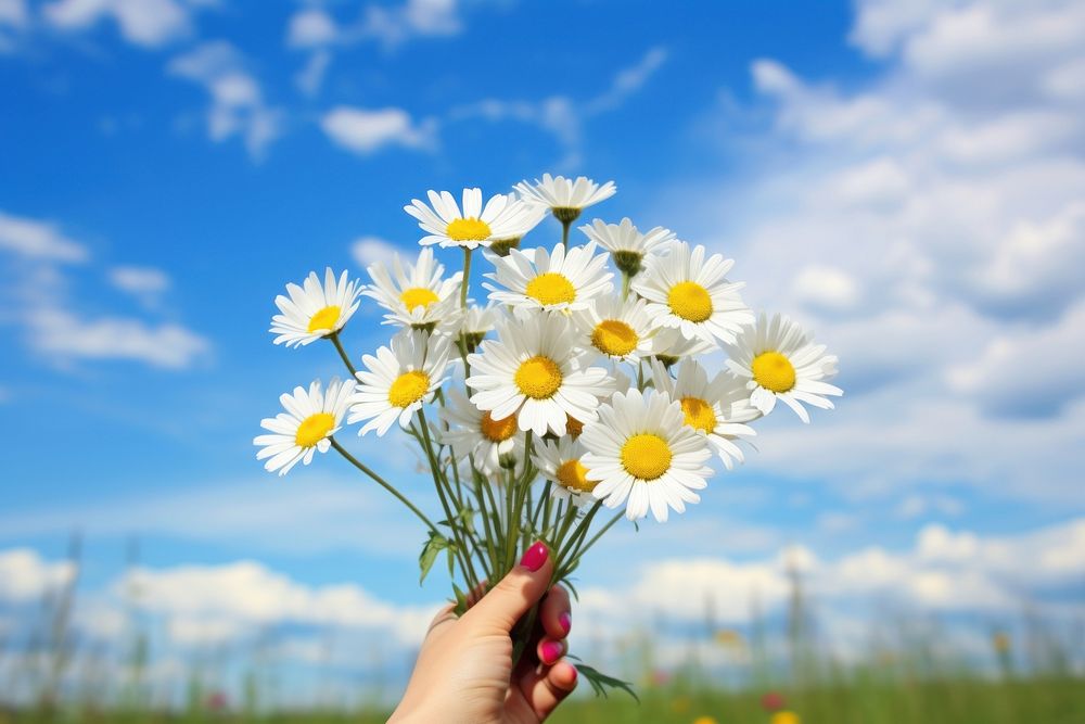 Hand holding a daisy flowers sky landscape outdoors.