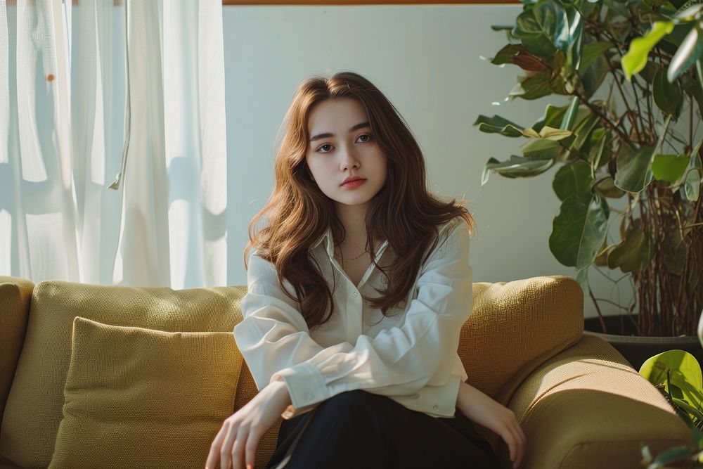 Young woman business people sitting furniture portrait.