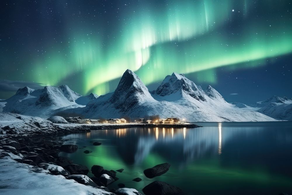 Aurora borealis over the sea landscape night sky. AI generated Image by rawpixel.