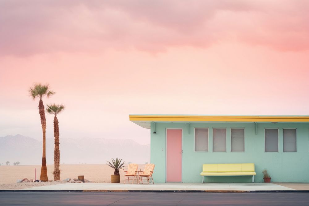  Surreal dreamy pastel old motel background architecture building outdoors. AI generated Image by rawpixel.