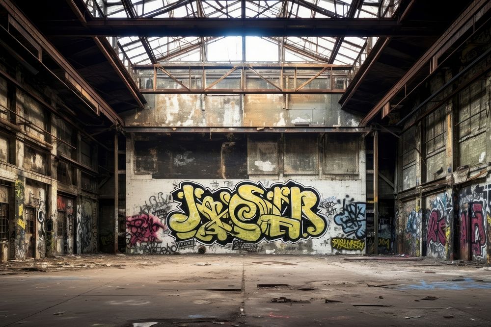 Abandon warehouse graffiti old deterioration.