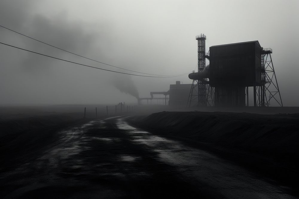 Large coal mine architecture outdoors fog.