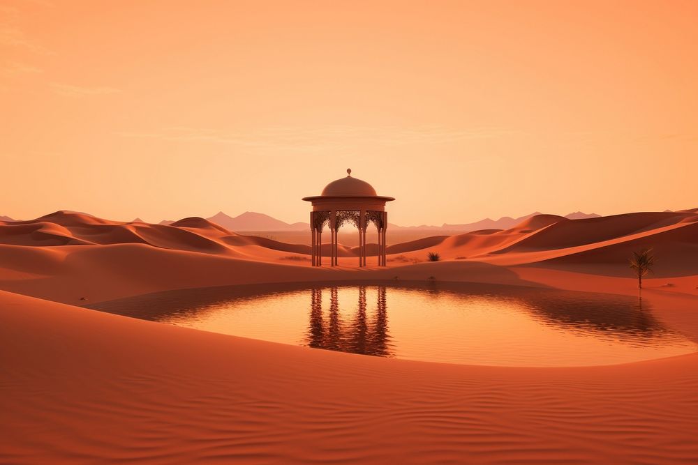 Oasis at sunset in a sandy desert outdoors nature sky.