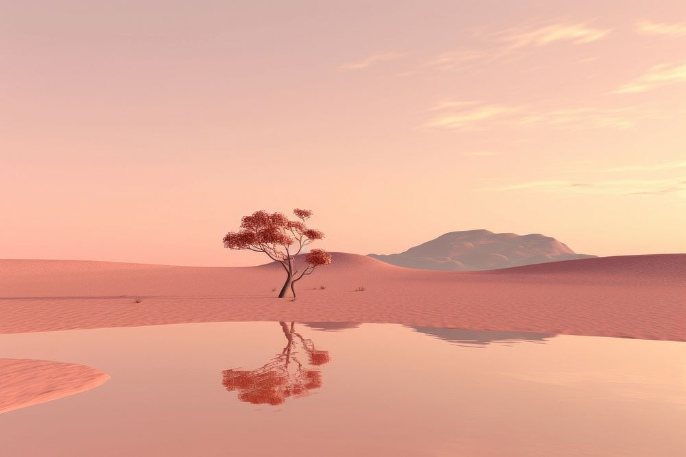 Oasis at sunset in a sandy desert tranquility reflection landscape.
