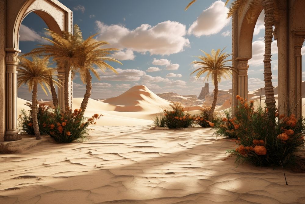 Oasis in a sandy desert architecture landscape building.