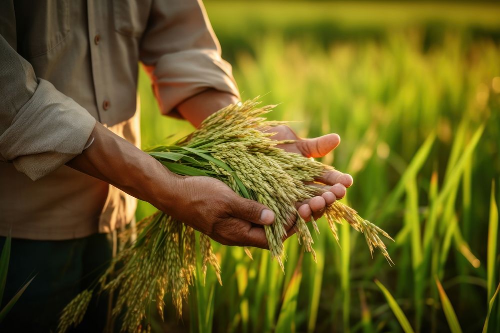 Farmers use their hands to holding on rice farm agriculture outdoors.