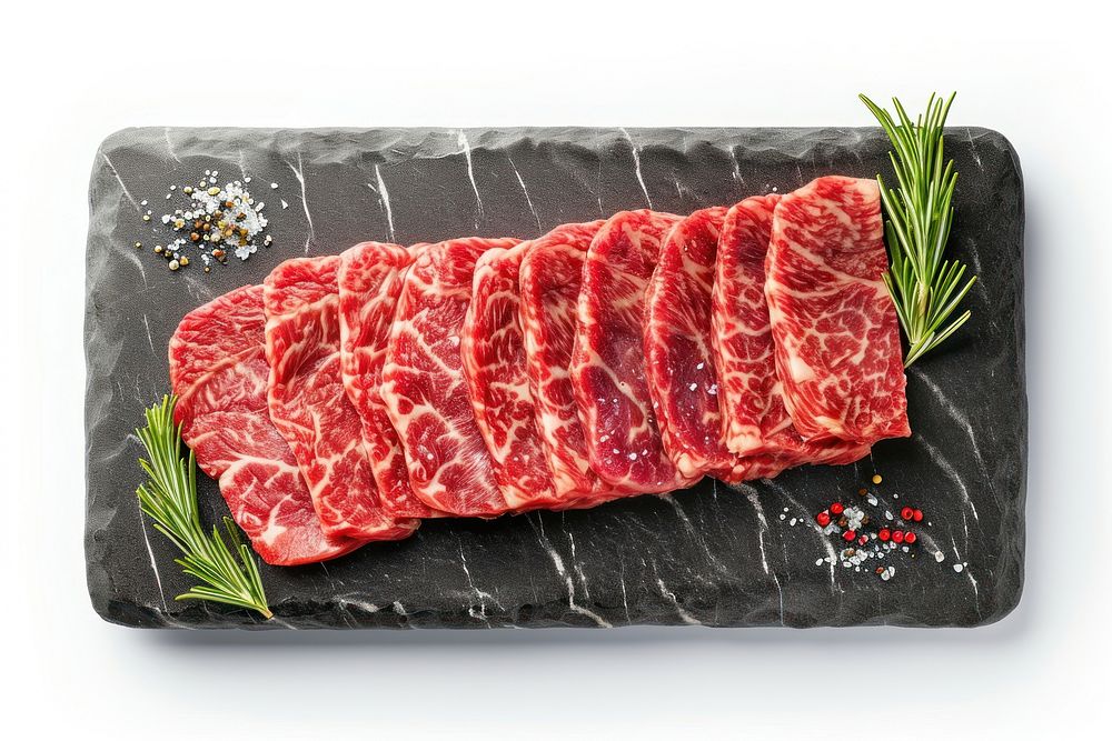 Premium Rare Slices sirloin Wagyu A5 beef on stone plate steak slice meat.