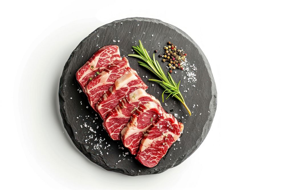 Premium Rare Slices sirloin Wagyu A5 beef on stone plate slice meat food.
