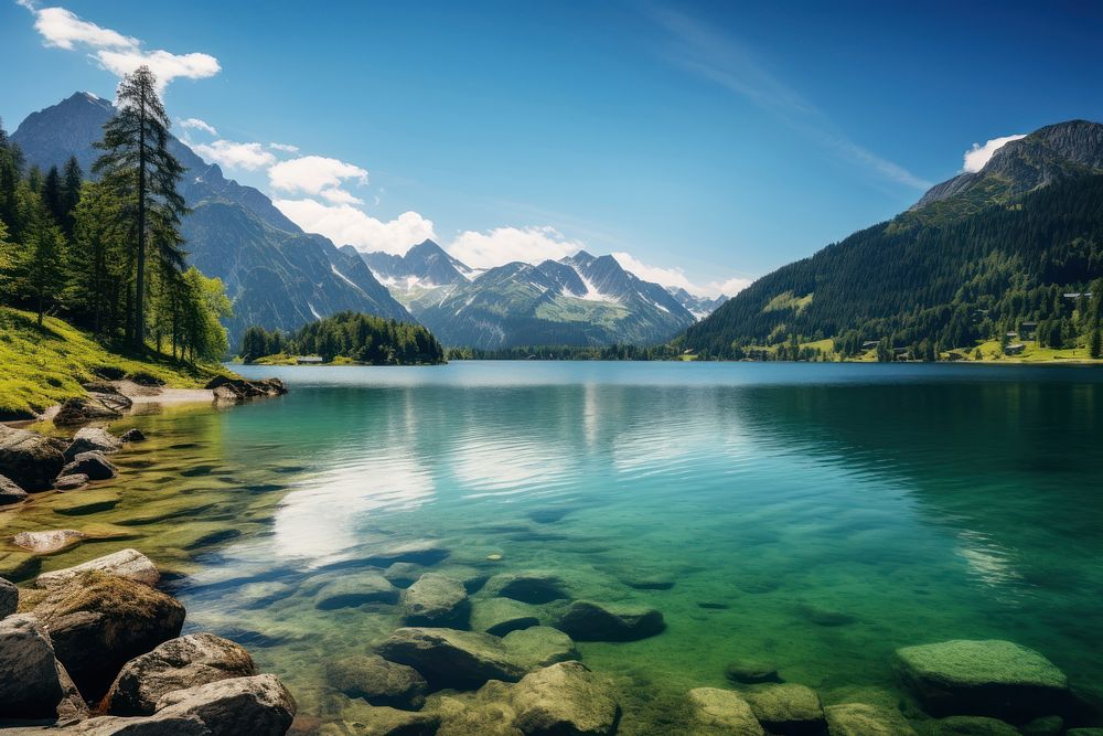 Fairy-tale mountain landscape lake panoramic. AI generated Image by rawpixel.