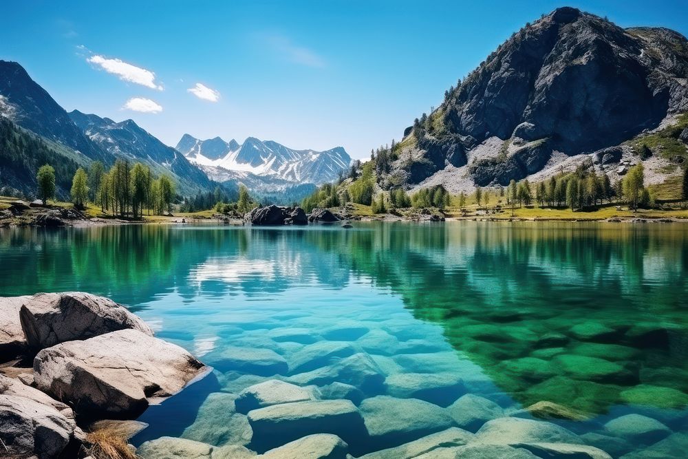Fairy-tale mountain landscape panoramic lake. AI generated Image by rawpixel.