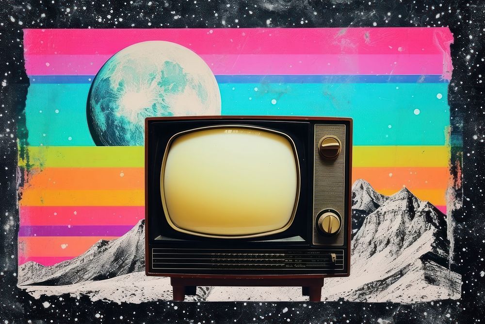 Collage Retro television galaxy broadcasting electronics.