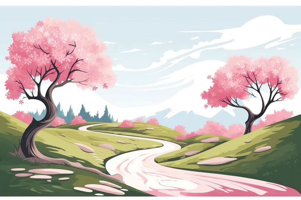 Winding road in spring landscape outdoors painting. AI generated Image by rawpixel.