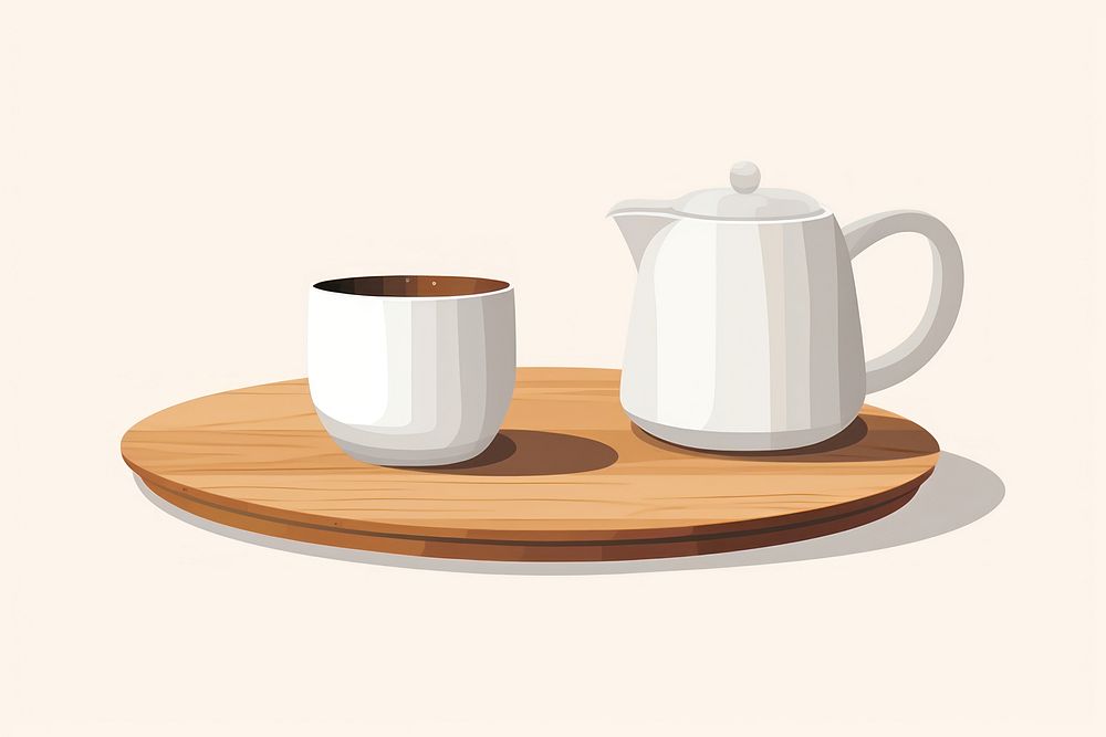 A pitcher of tea and a white mug on a wooden table porcelain saucer teapot. AI generated Image by rawpixel.