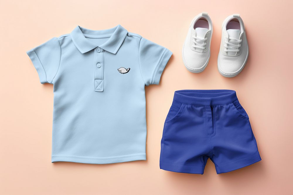 Kid's blue polo shirt and shorts flat lay