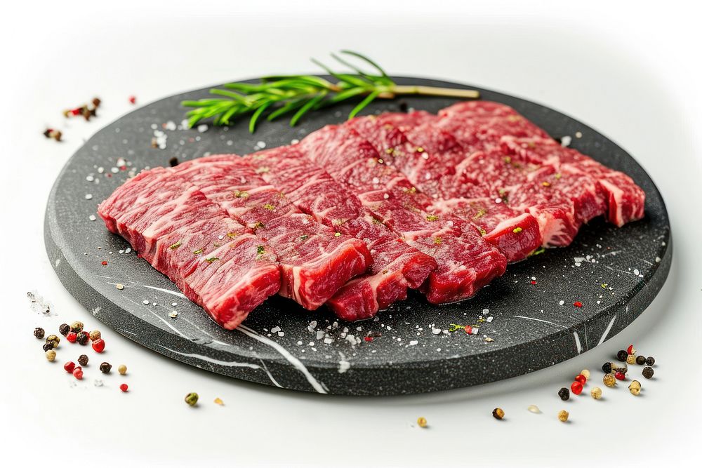Premium Rare Slices sirloin Wagyu A5 beef on stone plate meat food white background.