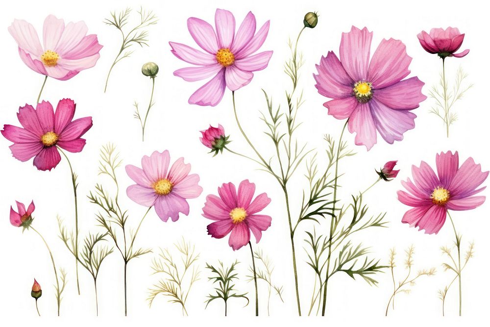 Pink Cosmos watercolor illustration flower blossom pattern.