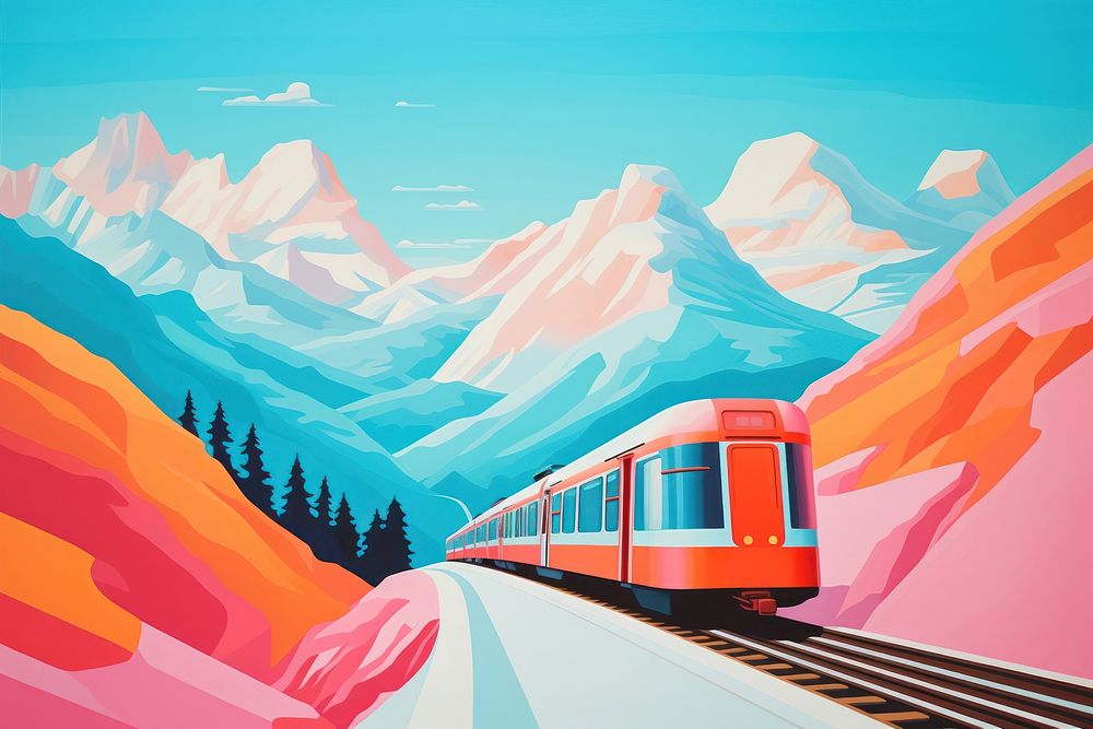 Train in switzerland mountain landscape painting outdoors.