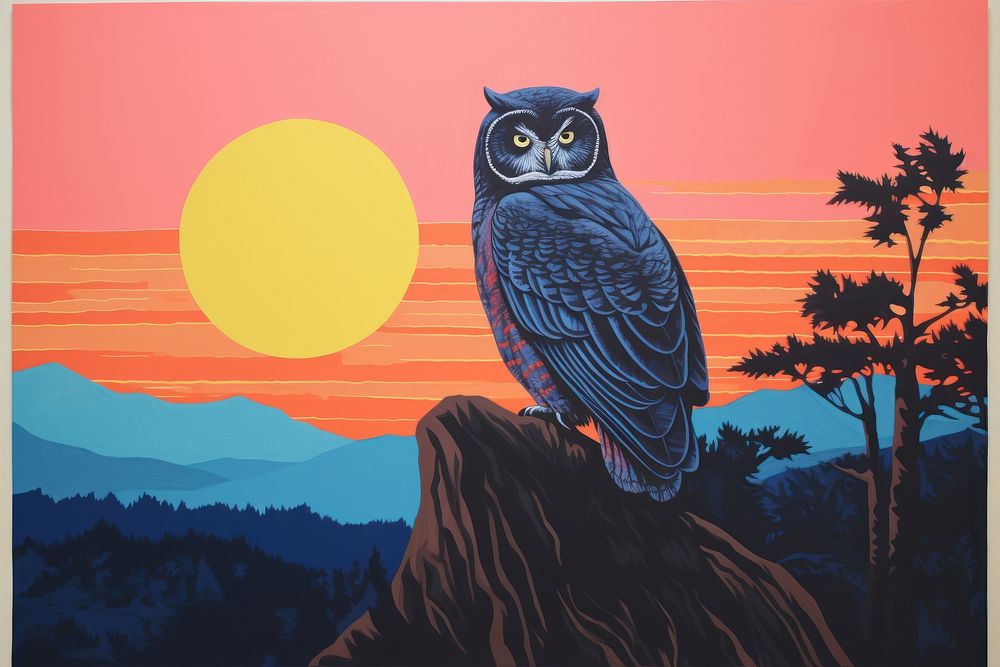 Owl in dusk time outdoors painting animal.