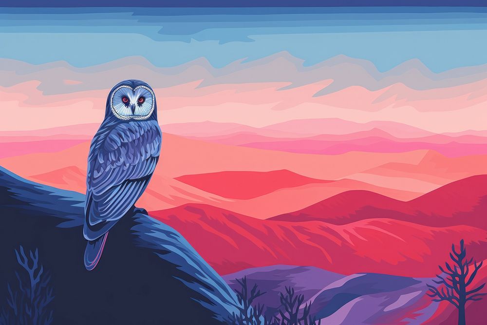 Owl in dusk time landscape outdoors painting.
