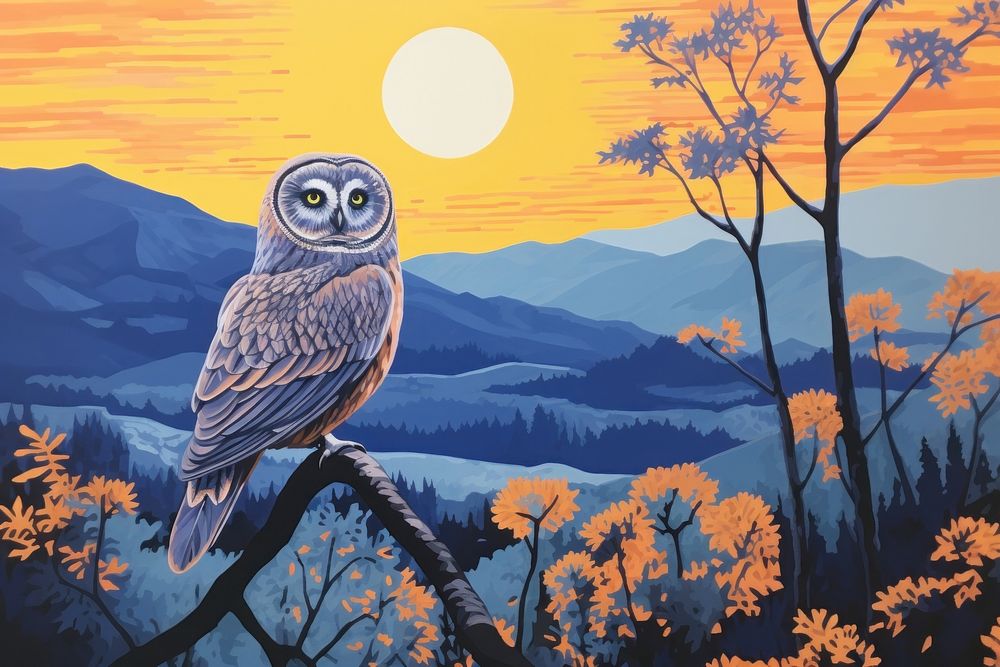 Owl in dusk time land landscape outdoors.