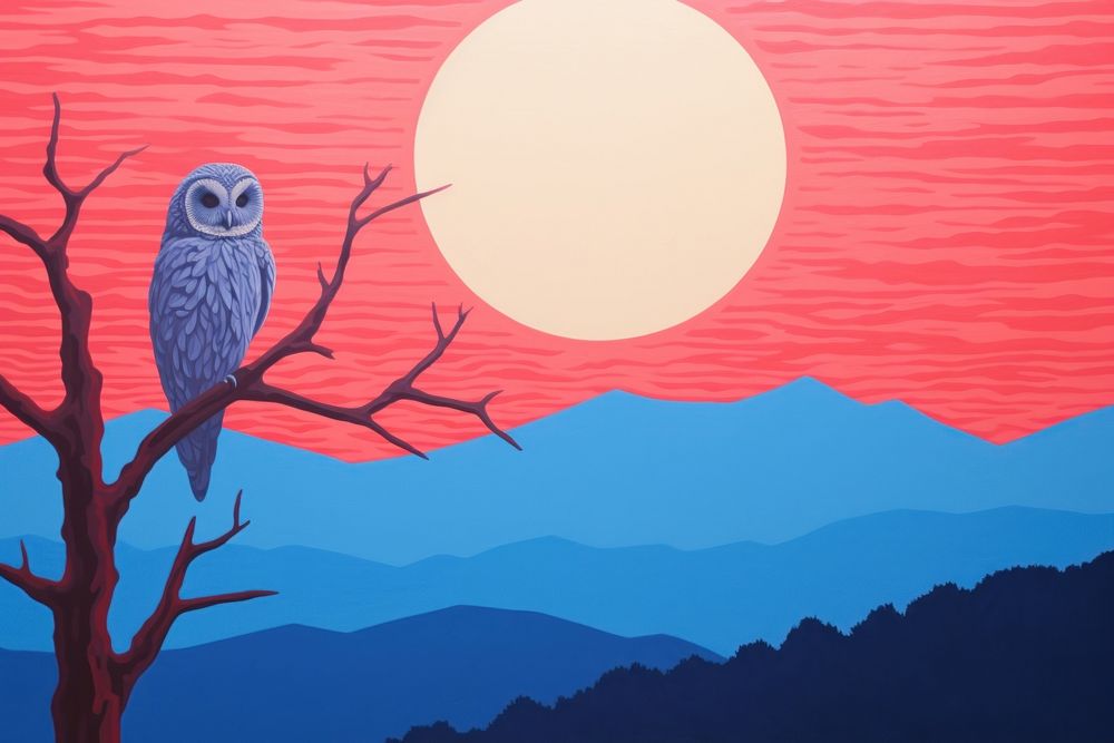Owl in dusk time landscape painting outdoors.