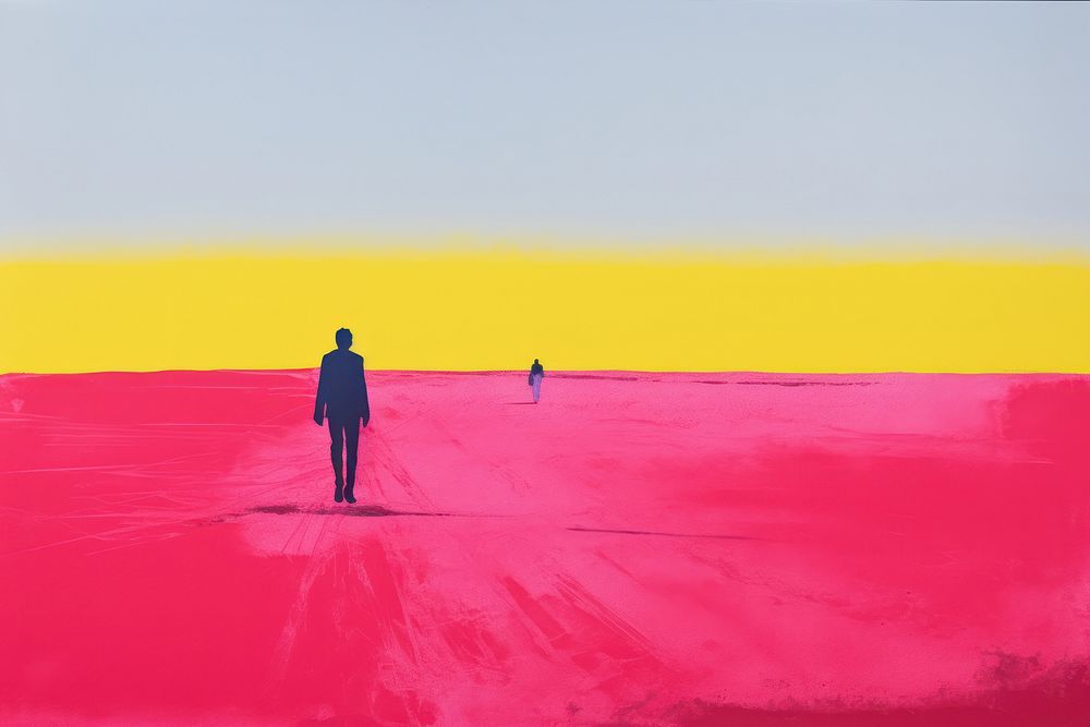 People walk pass Big solid color standing outdoors horizon.