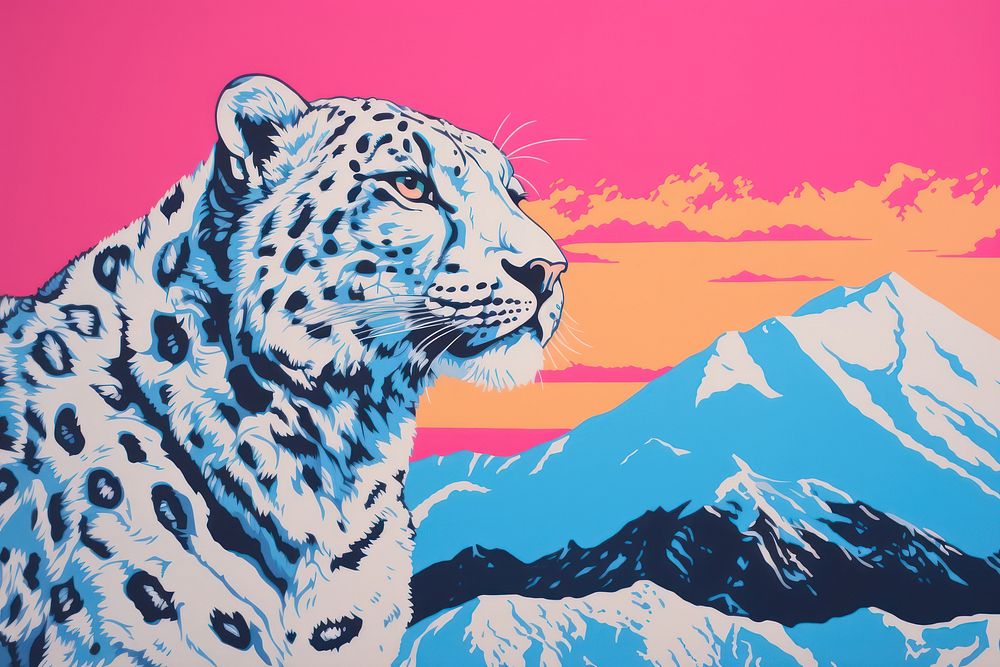 Snow mountaineer with snow leopard outdoors mammal art.